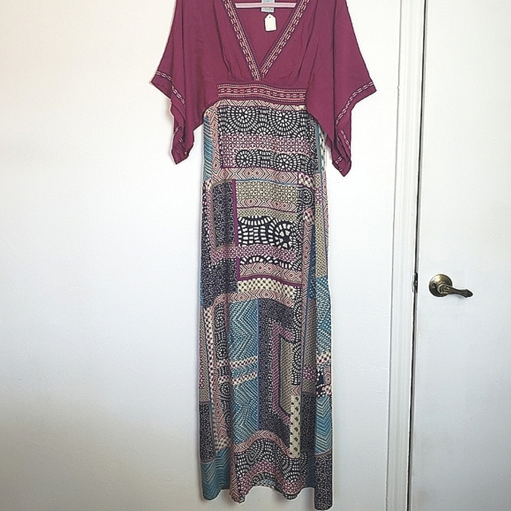 Flying Tomato Plum Empire Waist Embroidered Square Neck Maxi Dress Size S NWT